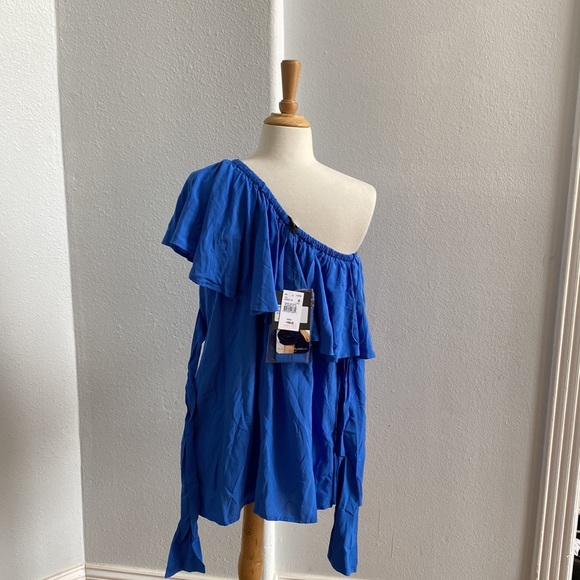Blue One-Shoulder Ruffle Blouse - Picture 4 of 11
